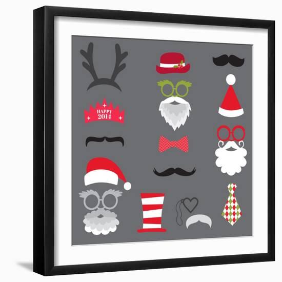 Christmas Retro Party Set - Glasses, Hats, Lips, Mustaches, Masks - for Design, Photo Booth in Vect-woodhouse-Framed Art Print