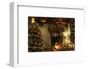 CHRISTMAS TREE AND COLONIAL STYLE FIREPLACE DECORATED WITH STOCKINGS-Panoramic Images-Framed Photographic Print