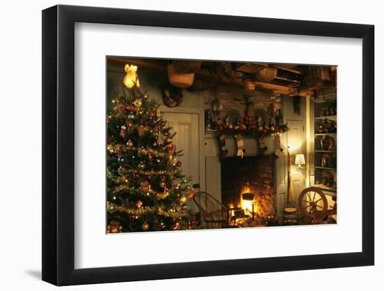 CHRISTMAS TREE AND COLONIAL STYLE FIREPLACE DECORATED WITH STOCKINGS-Panoramic Images-Framed Photographic Print