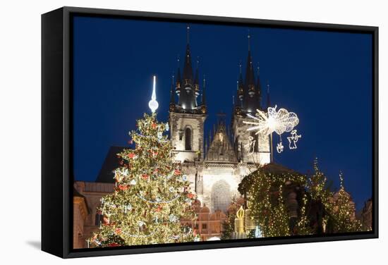 Christmas Tree and Decorations in Front of Tyn Gothic Church-Richard Nebesky-Framed Stretched Canvas