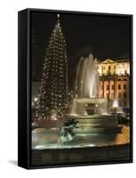 Christmas Tree and Fountains in Trafalgar Square at Night, London-Hazel Stuart-Framed Stretched Canvas