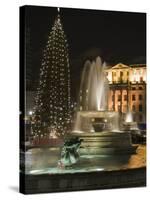 Christmas Tree and Fountains in Trafalgar Square at Night, London-Hazel Stuart-Stretched Canvas