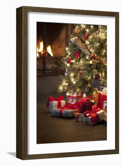 Christmas Tree by Fireplace-null-Framed Photographic Print