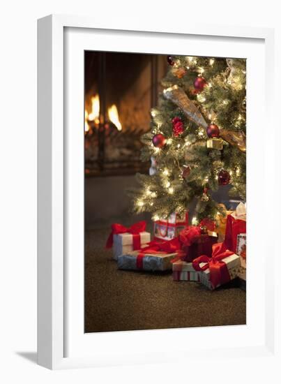 Christmas Tree by Fireplace-null-Framed Photographic Print