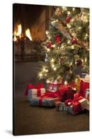 Christmas Tree by Fireplace-null-Stretched Canvas
