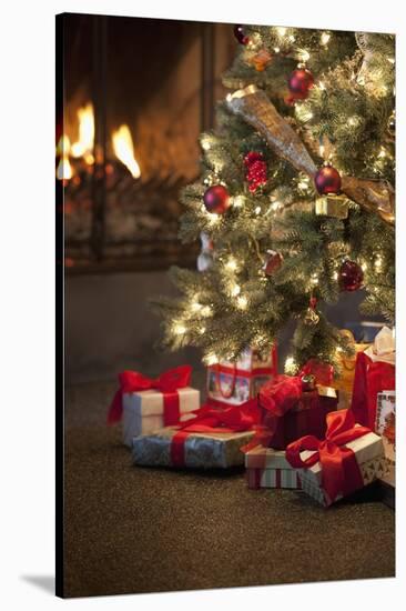 Christmas Tree by Fireplace-null-Stretched Canvas