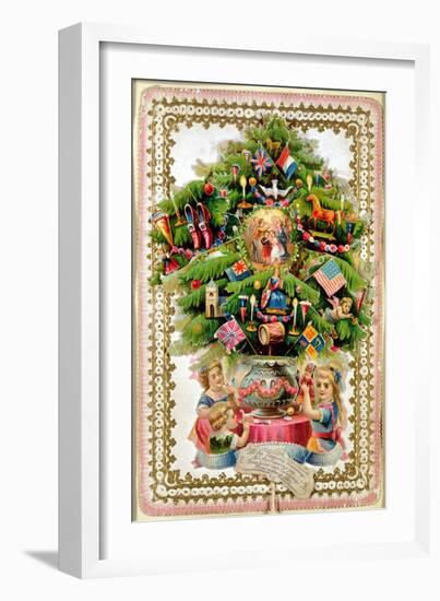 Christmas Tree Festooned with Presents Extending on Tabs to Reveal Pictures of Children-null-Framed Giclee Print