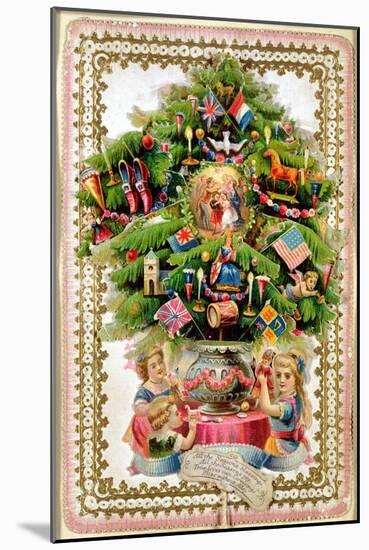Christmas Tree Festooned with Presents Extending on Tabs to Reveal Pictures of Children-null-Mounted Giclee Print
