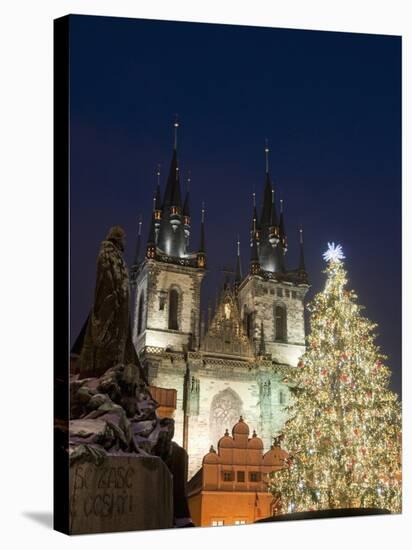 Christmas Tree, Gothic Tyn Church and Statue of Jan Hus, Old Town Square, Stare Mesto, Prague-Richard Nebesky-Stretched Canvas