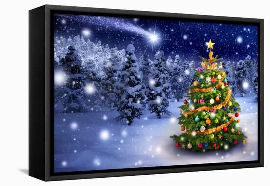 Christmas Tree in Snowy Night-Smileus-Framed Stretched Canvas