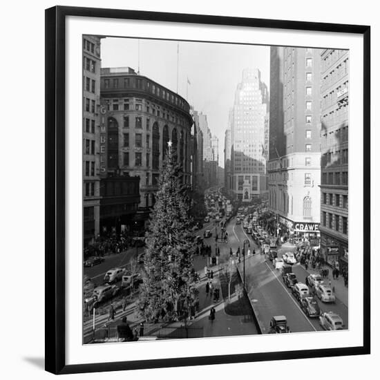 Christmas Tree on 52nd Street Next to Gimbels Department Store, New York, NY, 1940S-Nina Leen-Framed Premium Photographic Print