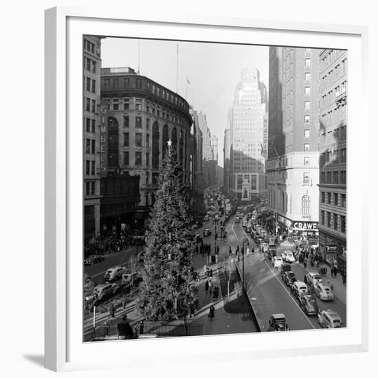 Christmas Tree on 52nd Street Next to Gimbels Department Store, New York, NY, 1940S-Nina Leen-Framed Premium Photographic Print