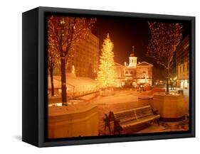 Christmas Tree on Snowy Night in Pioneer Courthouse Square, Portland, Oregon, USA-Janis Miglavs-Framed Stretched Canvas