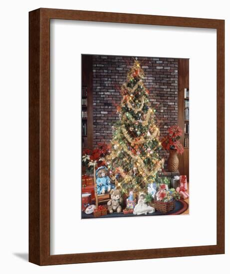 CHRISTMAS TREE WITH DECORATIONS GARLAND LIGHTS TOYS AND PRESENTS UNDER TREE-Panoramic Images-Framed Photographic Print