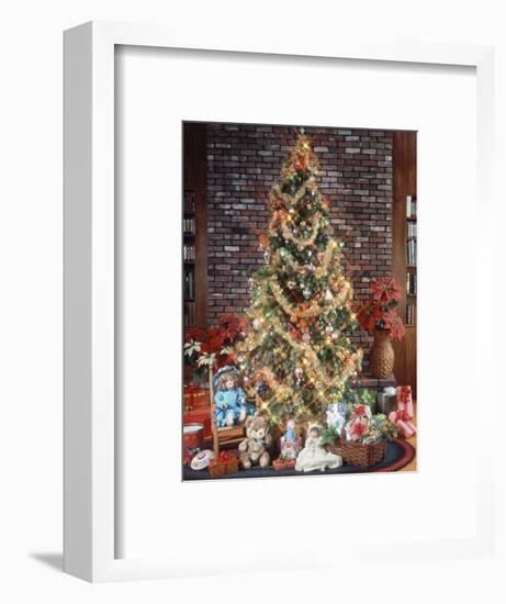 CHRISTMAS TREE WITH DECORATIONS GARLAND LIGHTS TOYS AND PRESENTS UNDER TREE-Panoramic Images-Framed Photographic Print