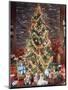 CHRISTMAS TREE WITH DECORATIONS GARLAND LIGHTS TOYS AND PRESENTS UNDER TREE-Panoramic Images-Mounted Photographic Print