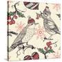 Christmas Vector Seamless Pattern with Fantasy Birds and Holly Berries-Anna Paff-Stretched Canvas