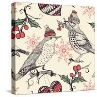 Christmas Vector Seamless Pattern with Fantasy Birds and Holly Berries-Anna Paff-Stretched Canvas