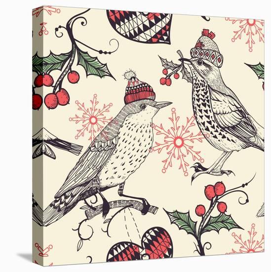 Christmas Vector Seamless Pattern with Fantasy Birds and Holly Berries-Anna Paff-Stretched Canvas