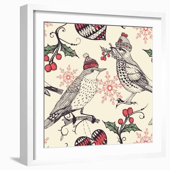 Christmas Vector Seamless Pattern with Fantasy Birds and Holly Berries-Anna Paff-Framed Art Print