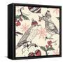 Christmas Vector Seamless Pattern with Fantasy Birds and Holly Berries-Anna Paff-Framed Stretched Canvas