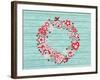 Christmas Wreath with Red and White Stylized Nordic Christmas Decorations on Blue Painted Wooden Bo-SMSka-Framed Art Print