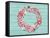 Christmas Wreath with Red and White Stylized Nordic Christmas Decorations on Blue Painted Wooden Bo-SMSka-Framed Stretched Canvas