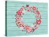 Christmas Wreath with Red and White Stylized Nordic Christmas Decorations on Blue Painted Wooden Bo-SMSka-Stretched Canvas
