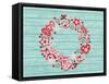 Christmas Wreath with Red and White Stylized Nordic Christmas Decorations on Blue Painted Wooden Bo-SMSka-Framed Stretched Canvas