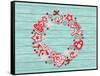 Christmas Wreath with Red and White Stylized Nordic Christmas Decorations on Blue Painted Wooden Bo-SMSka-Framed Stretched Canvas