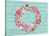 Christmas Wreath with Red and White Stylized Nordic Christmas Decorations on Blue Painted Wooden Bo-SMSka-Stretched Canvas