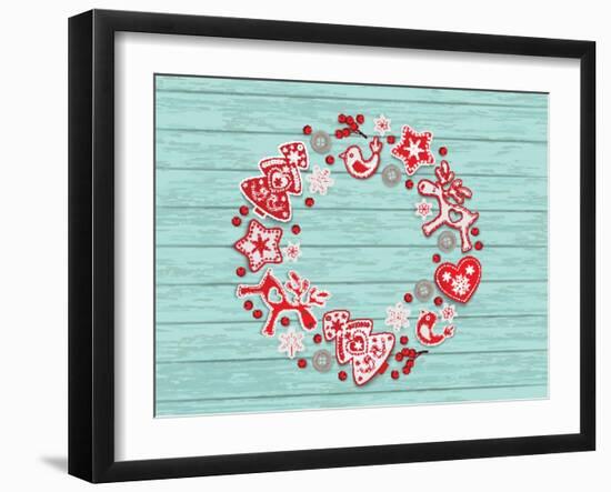 Christmas Wreath with Red and White Stylized Nordic Christmas Decorations on Blue Painted Wooden Bo-SMSka-Framed Art Print