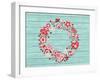 Christmas Wreath with Red and White Stylized Nordic Christmas Decorations on Blue Painted Wooden Bo-SMSka-Framed Art Print