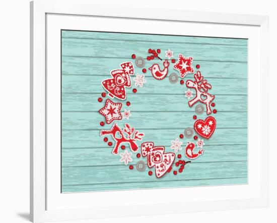 Christmas Wreath with Red and White Stylized Nordic Christmas Decorations on Blue Painted Wooden Bo-SMSka-Framed Art Print