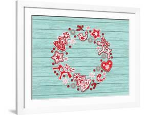 Christmas Wreath with Red and White Stylized Nordic Christmas Decorations on Blue Painted Wooden Bo-SMSka-Framed Art Print