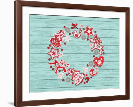 Christmas Wreath with Red and White Stylized Nordic Christmas Decorations on Blue Painted Wooden Bo-SMSka-Framed Art Print