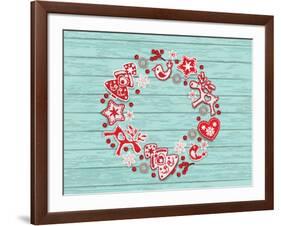 Christmas Wreath with Red and White Stylized Nordic Christmas Decorations on Blue Painted Wooden Bo-SMSka-Framed Art Print