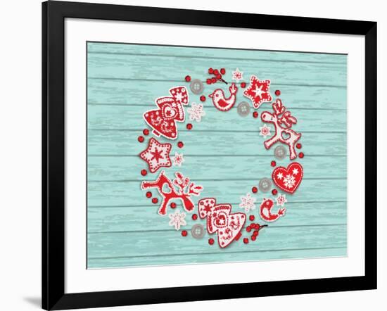 Christmas Wreath with Red and White Stylized Nordic Christmas Decorations on Blue Painted Wooden Bo-SMSka-Framed Art Print