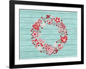 Christmas Wreath with Red and White Stylized Nordic Christmas Decorations on Blue Painted Wooden Bo-SMSka-Framed Art Print