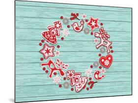 Christmas Wreath with Red and White Stylized Nordic Christmas Decorations on Blue Painted Wooden Bo-SMSka-Mounted Art Print