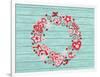 Christmas Wreath with Red and White Stylized Nordic Christmas Decorations on Blue Painted Wooden Bo-SMSka-Framed Art Print