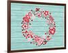 Christmas Wreath with Red and White Stylized Nordic Christmas Decorations on Blue Painted Wooden Bo-SMSka-Framed Art Print