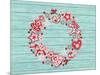 Christmas Wreath with Red and White Stylized Nordic Christmas Decorations on Blue Painted Wooden Bo-SMSka-Mounted Art Print