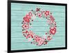 Christmas Wreath with Red and White Stylized Nordic Christmas Decorations on Blue Painted Wooden Bo-SMSka-Framed Art Print