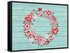 Christmas Wreath with Red and White Stylized Nordic Christmas Decorations on Blue Painted Wooden Bo-SMSka-Framed Stretched Canvas