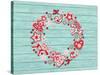 Christmas Wreath with Red and White Stylized Nordic Christmas Decorations on Blue Painted Wooden Bo-SMSka-Stretched Canvas