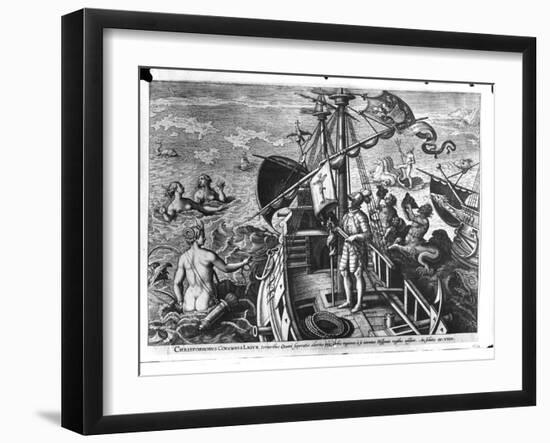 Christopher Columbus (1451-1506) on Board His Caravel, Discovering America-Jan van der Straet-Framed Giclee Print