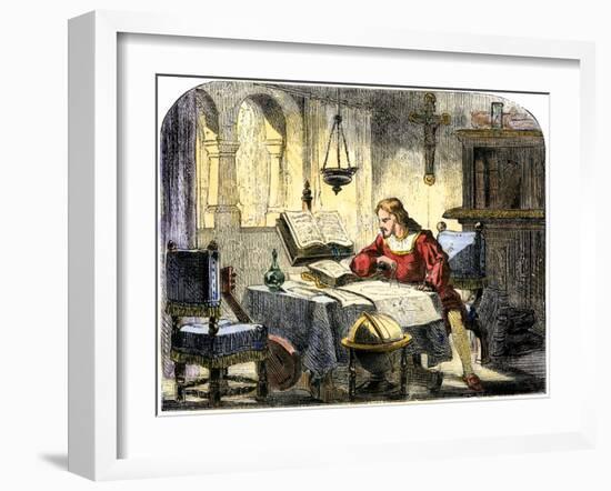 Christopher Columbus Studying a Map in His Studio in Spain 1400-null-Framed Giclee Print