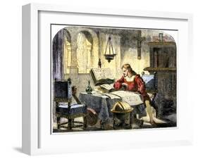 Christopher Columbus Studying a Map in His Studio in Spain 1400-null-Framed Giclee Print