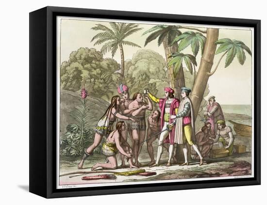 Christopher Columbus with Native Americans, 1492-1503 (c1820-1839)-DK Bonatti-Framed Stretched Canvas